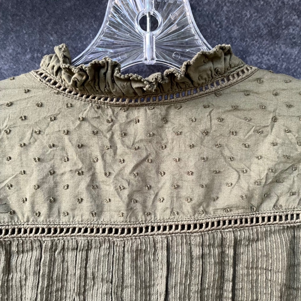 QUINCE $158 Olive Green Organic Cotton Swiss Dot Lace Pintuck Blouse Womens L - Picture 5 of 10